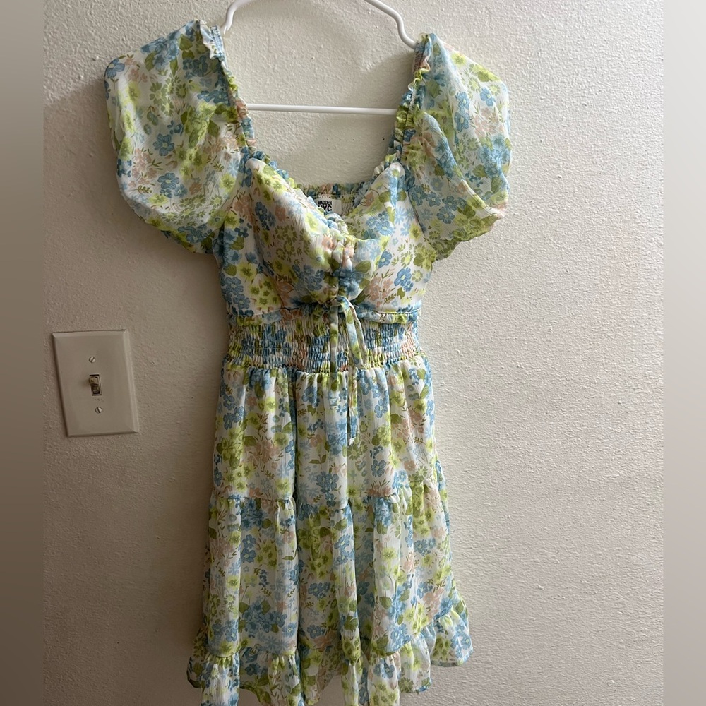 Charming Floral Kids Dress with Blue and Green Hues